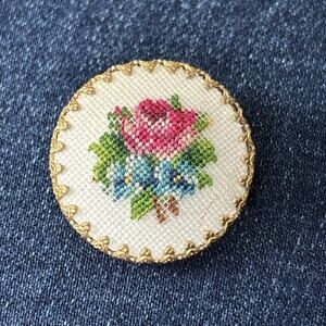 VTG Embroidery Brooch Pin Petit Point ROSE & Blue Pansy Goldtone PRONG Mounting